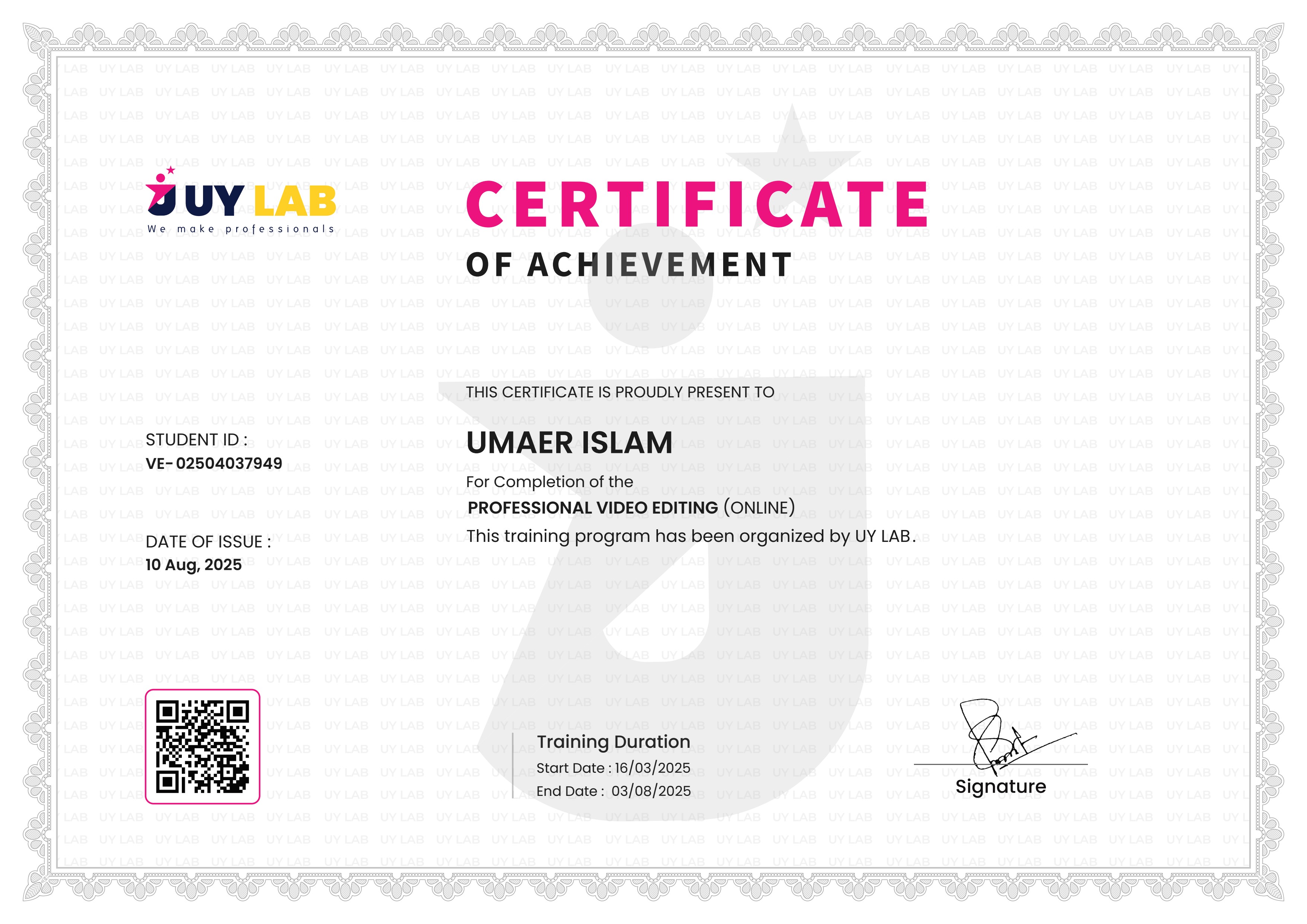 Professional Video Editing Certificate